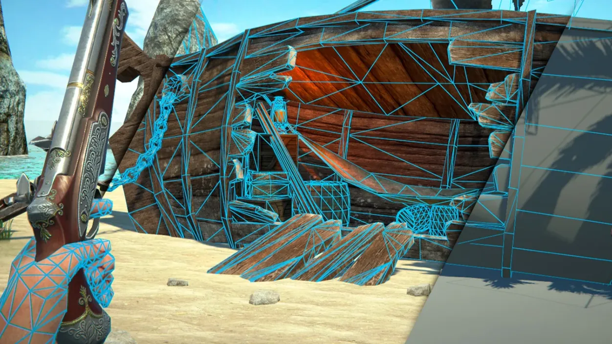 3D game scene of a shipwreck on a beach with a blue wireframe mesh overlay revealing the underlying 3D model