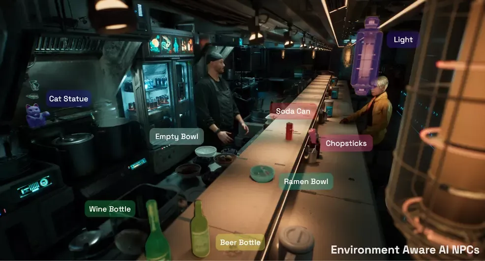 Nvidia ACE demo of an environment-aware AI NPC ramen chef, with nearby objects tagged like ramen bowl, beer bottle and chopsticks
