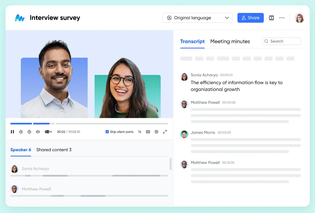 AI meeting-transcript tool interface showing a speaker-labeled transcript for an “Interview survey” recording