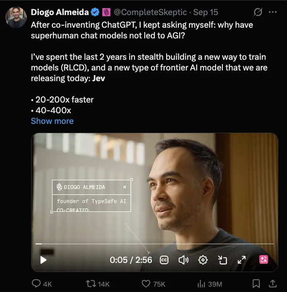 Tweet from @CompleteSkeptic announcing the Jev model, claiming 20-200x faster performance, with an embedded video