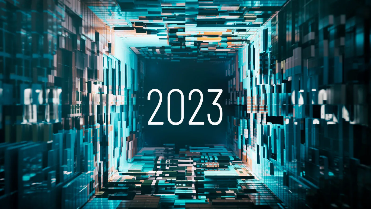 Abstract digital corridor of glowing blue and orange tiles converging on the number 2023