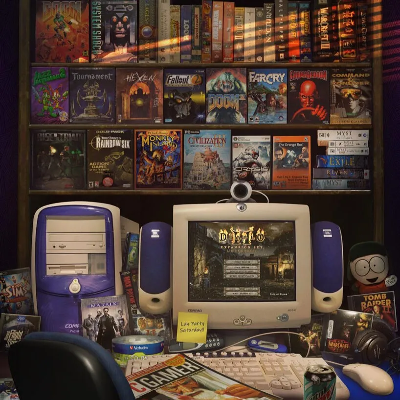 Retro gaming desk with a CRT monitor running Diablo, a tower PC, and shelves of 1990s-2000s PC game boxes like Doom and Civilization