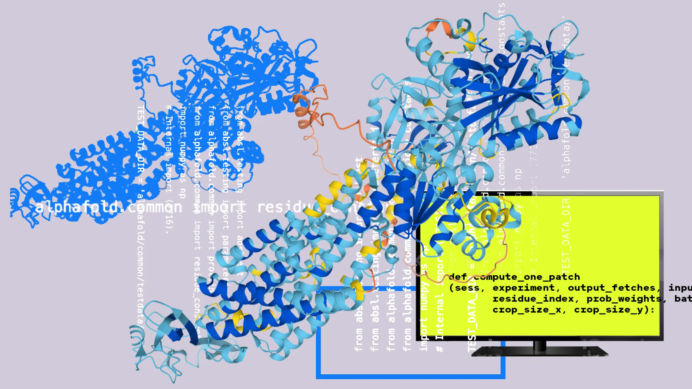 AlphaFold protein structure ribbon models overlaid with the model’s Python code, illustrating AI protein-structure prediction