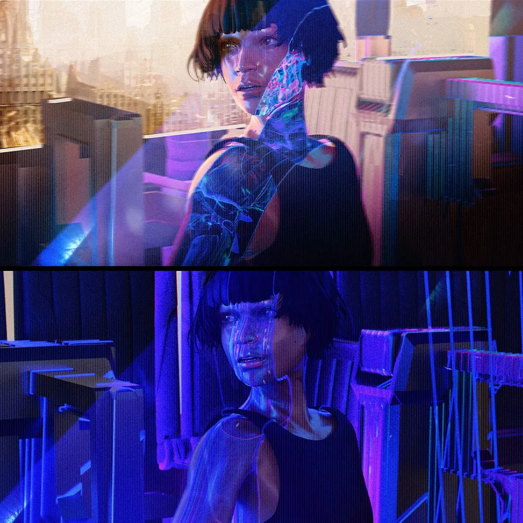 Two stacked frames of an android woman with glowing circuitry under her skin, one in warm tones and one in cool blue