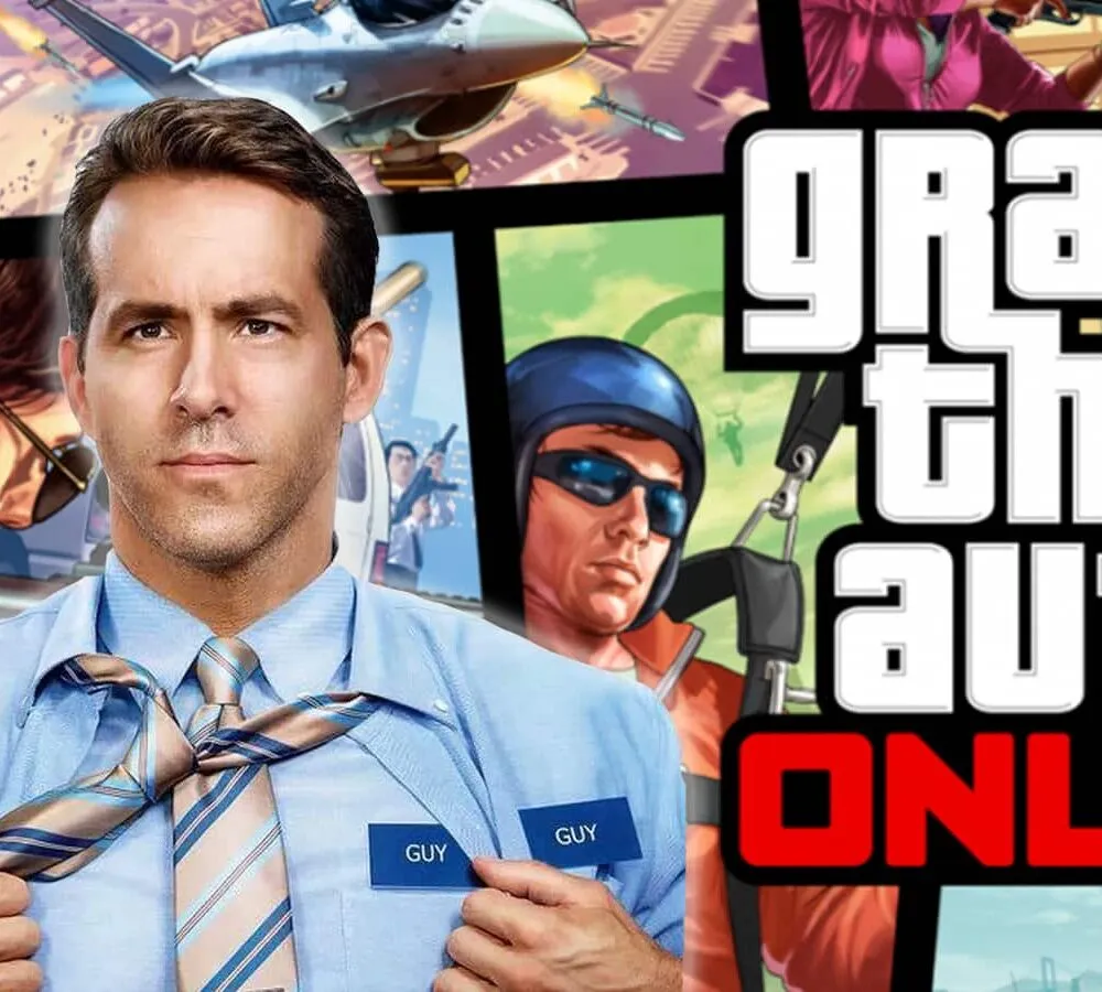 Free Guy's lead character composited against Grand Theft Auto Online cover art
