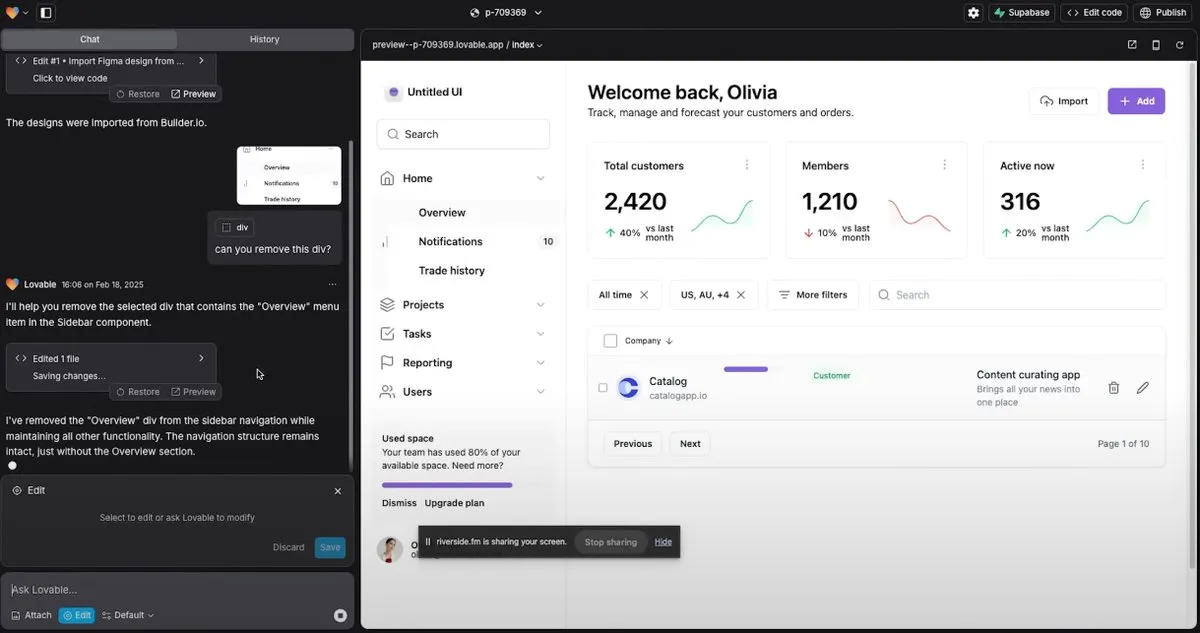 Screenshot of the Lovable AI app builder removing a dashboard’s ‘Overview’ menu item through a chat prompt
