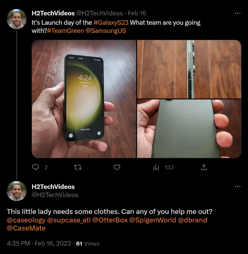 Tweet from @H2TechVideos showing a new Galaxy S23 and asking case brands like OtterBox and dbrand for a free case