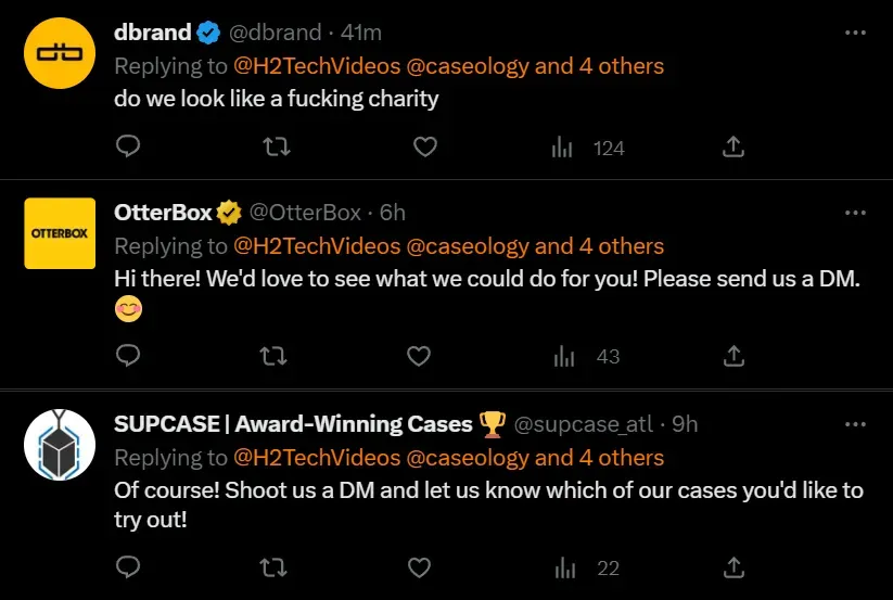 dbrand replies with a blunt, profane refusal while OtterBox and SUPCASE politely offer help over DM