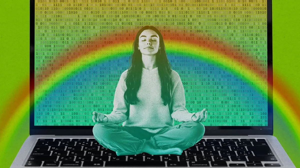 Surreal composite of a woman meditating in lotus pose atop a laptop keyboard, its screen streaming binary code under a rainbow