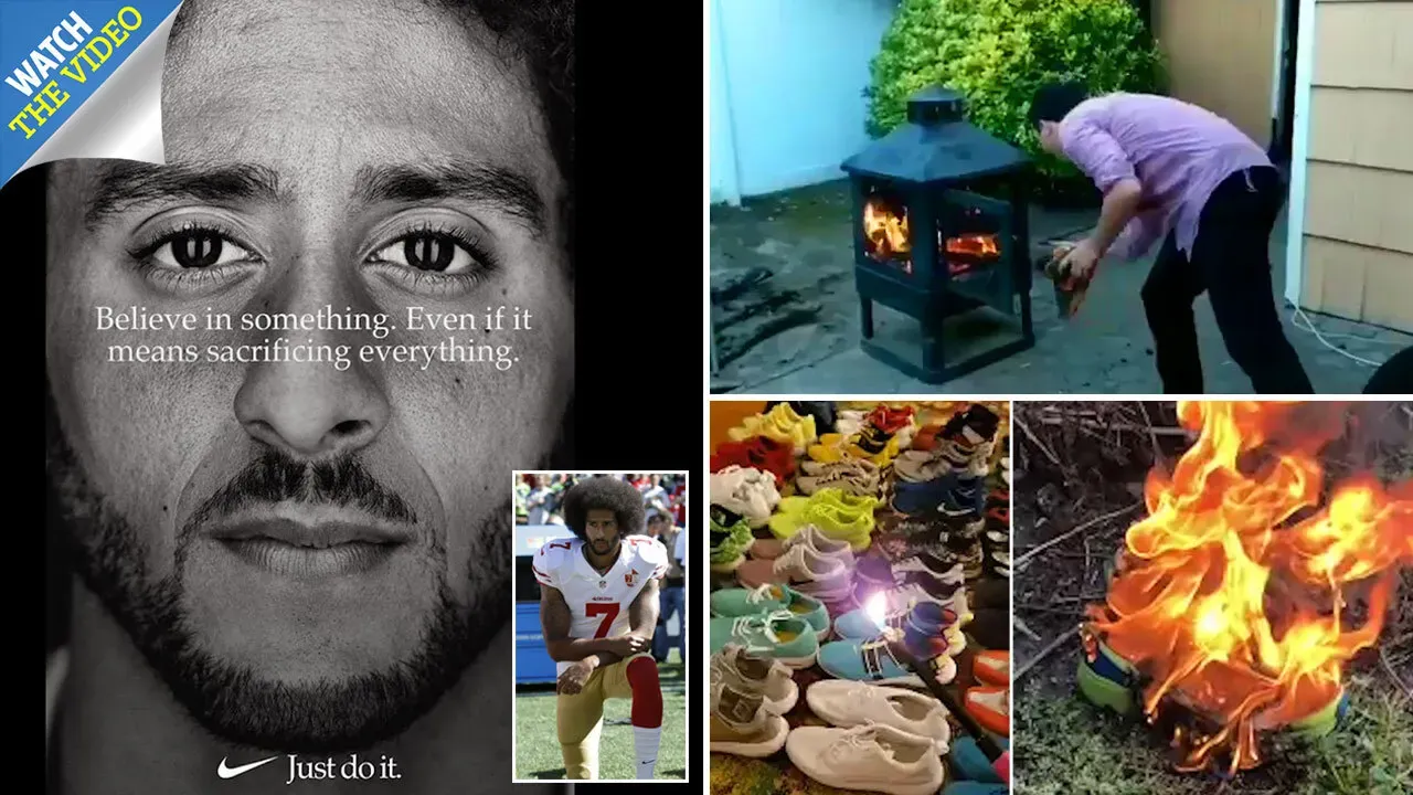 Collage of Nike’s Colin Kaepernick ‘Believe in something’ ad beside photos of people burning their Nike shoes in protest
