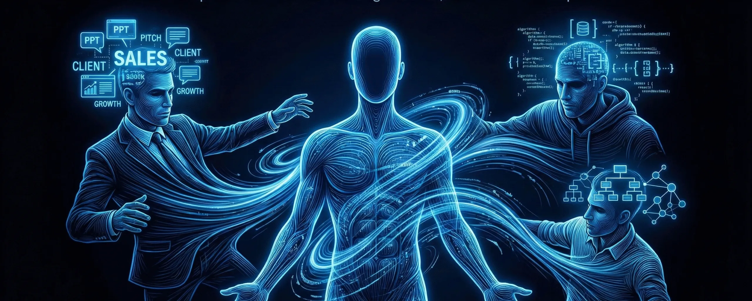Glowing wireframe figure pulled among a salesperson with sales icons, a coder with code snippets, and a planner with flowchart graphics