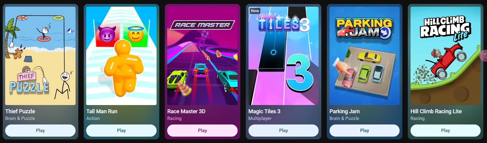 Grid of six hyper-casual mobile game icons: Thief Puzzle, Tall Man Run, Race Master 3D, Magic Tiles 3, Parking Jam, and Hill Climb Racing Lite