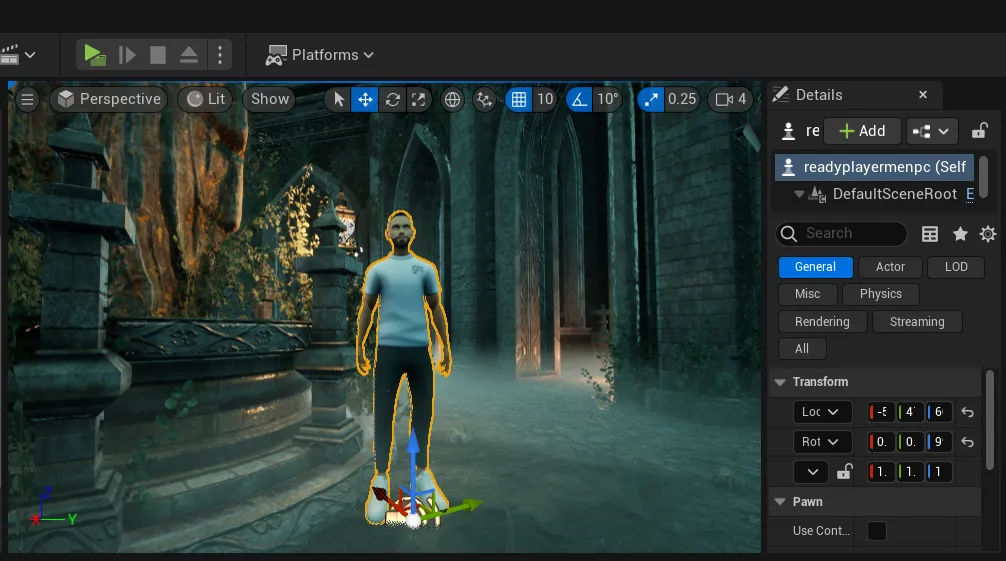 Unreal Editor viewport showing a Ready Player Me avatar set up in a gothic courtyard test scene