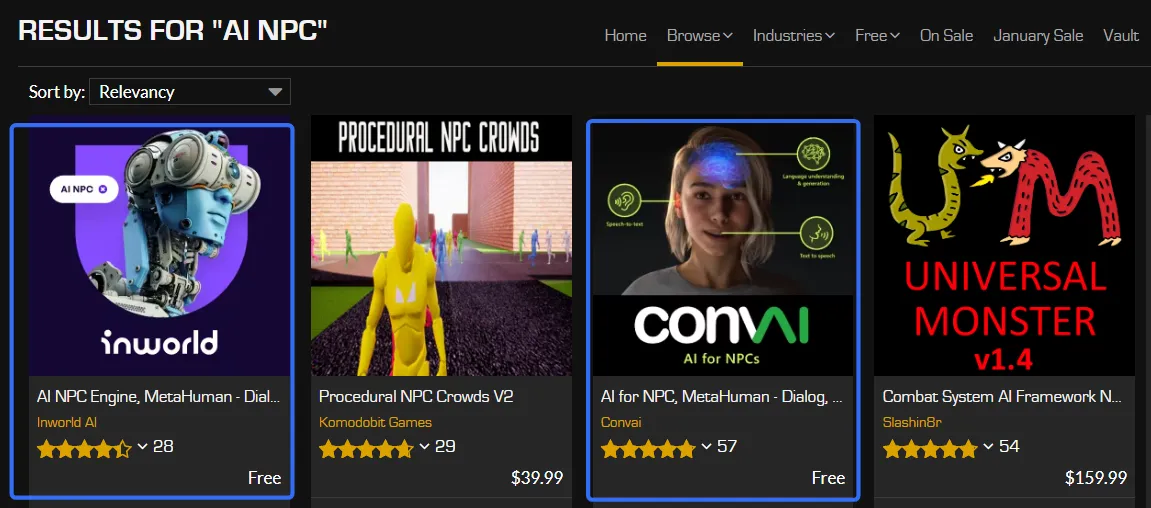 Unreal Engine Marketplace search results for AI NPC, listing Inworld, ConvAI, Procedural NPC Crowds, and Universal Monster